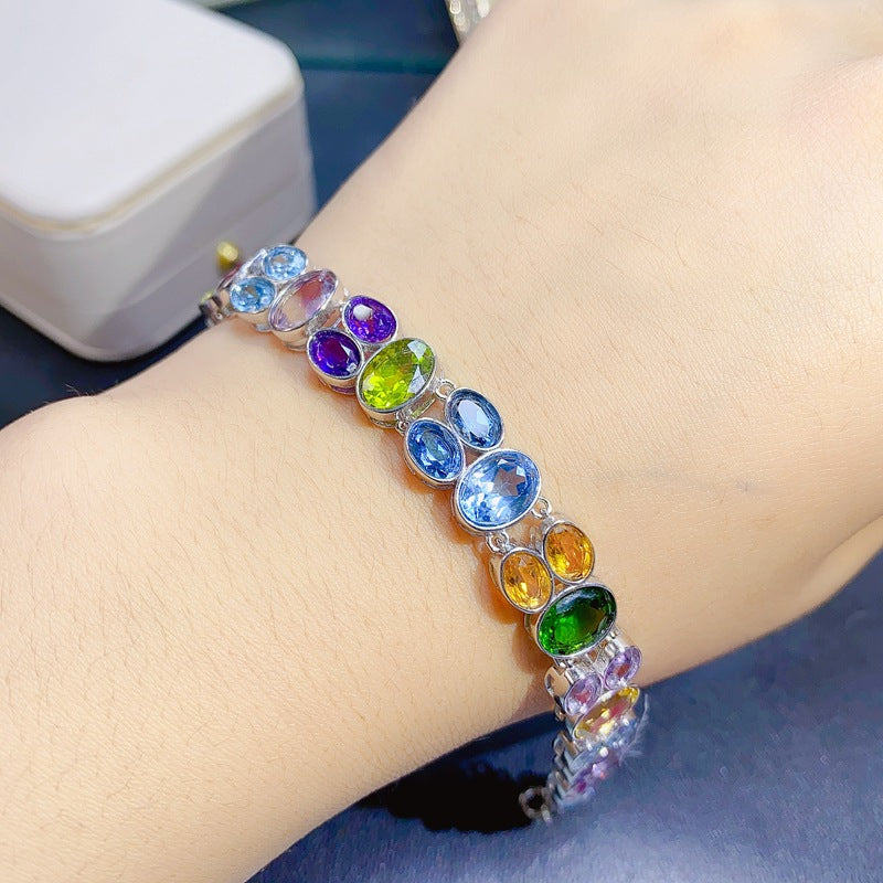 Colorful Gemstone Mixed Bracelet Natural Peridot Garnet Diopside Citrine Amethyst Topaz 925 Silver Bracelet