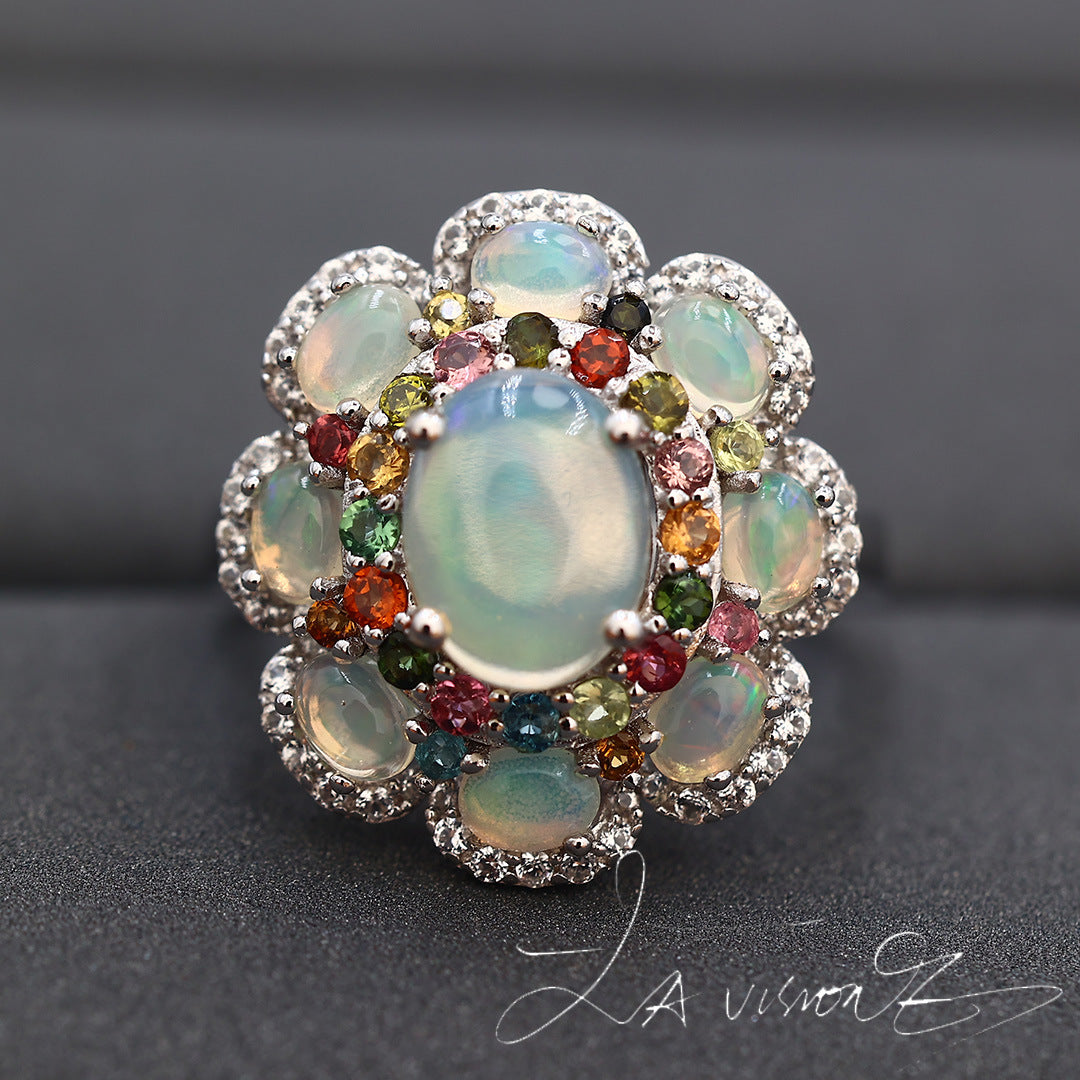 S925 Inlaid Natural Opal Natural Tourmaline Synthetic White Sapphire Ring