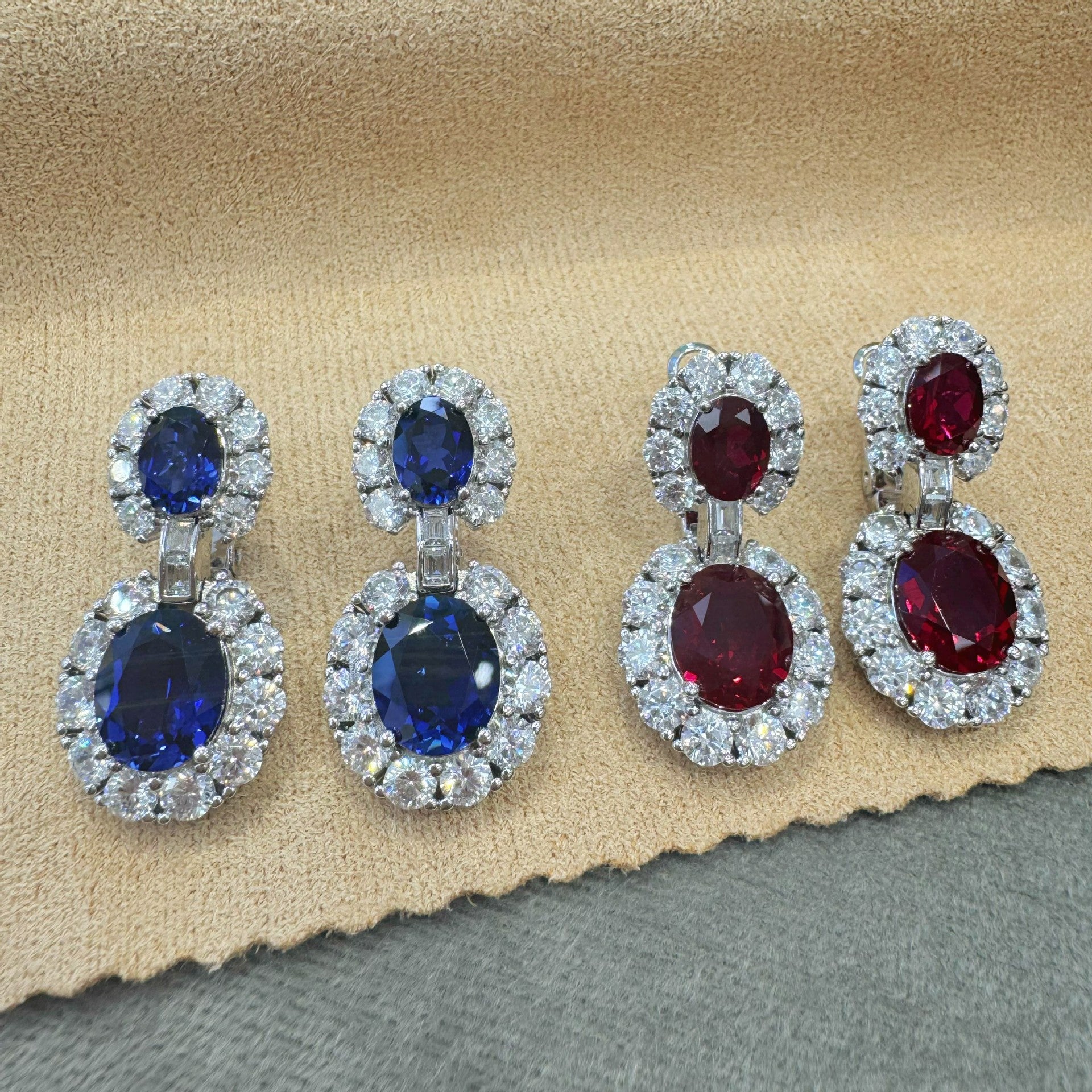 French Retro Style S925 Sterling Silver Cultivated Sapphire Oval 5 Carat Earrings