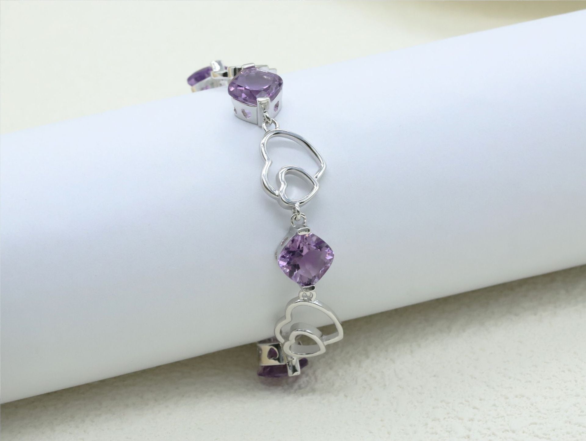 925 Sterling Silver Bracelet Love Double Heart Inlaid Amethyst Women's Bracelet