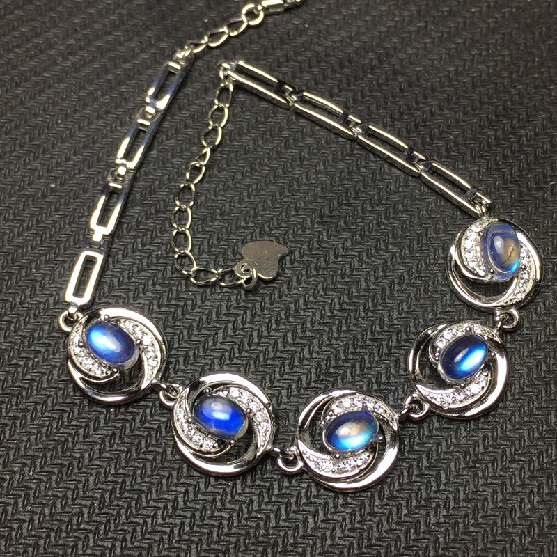 Natural Blue Moonstone Bracelet 925 Sterling Silver Inlaid Craft Glass Blue Moonstone