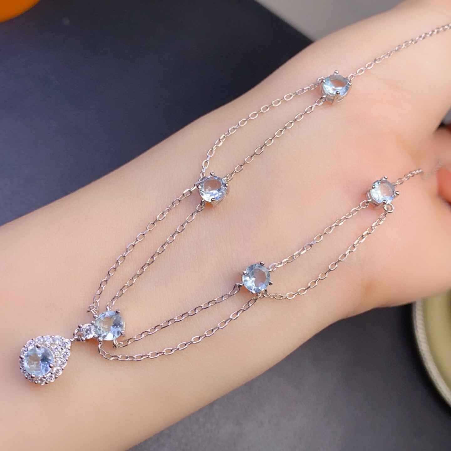 S925 Sterling Silver Aquamarine Tassel Pendant Necklace French Style High-end Light Luxury Vintage Dress Collarbone Chain