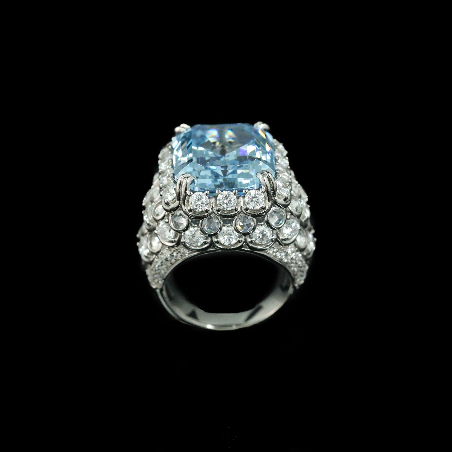 925 Silver Gold Plated Ring 16 Carat High Carbon Diamond Aquamarine Emerald Cut Fish Scale Jewelry Women's Ring