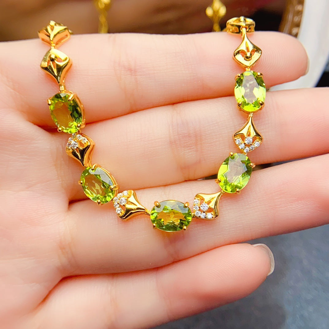 S925 Silver Inlaid Main Stone 6*8mm Natural Peridot Bracelet