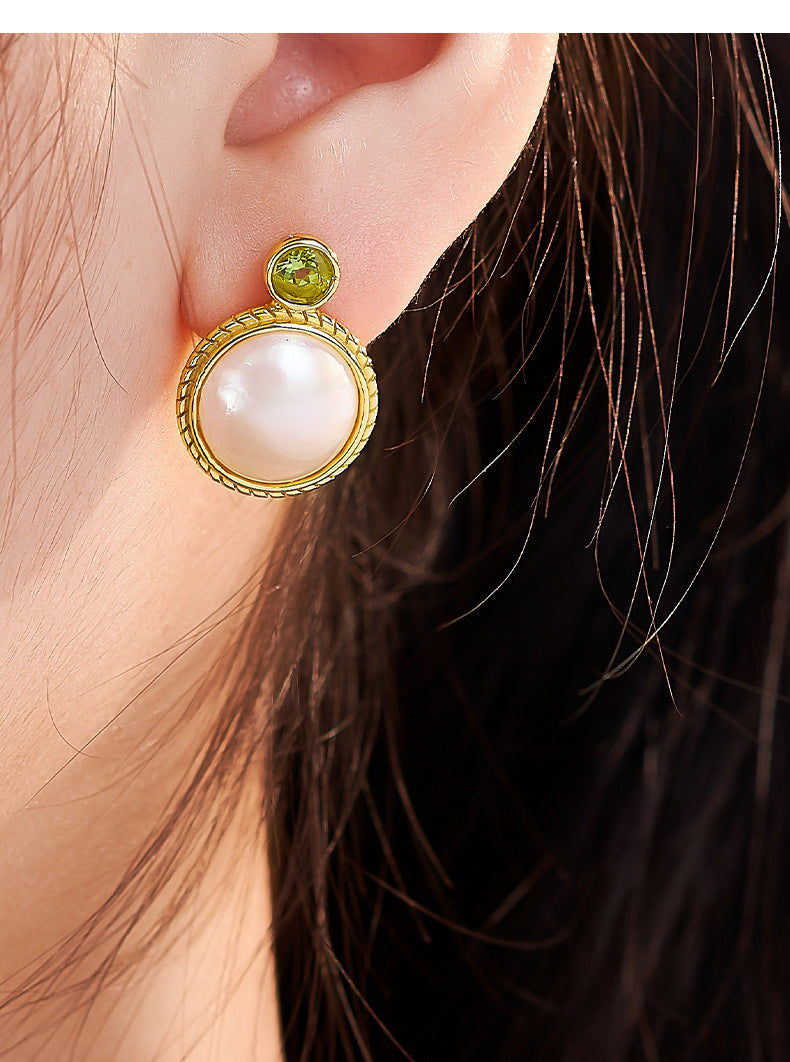 S925 Silver Gold-Plated Round Cabochon Mabe Pearl Stud Earrings French Vintage Peridot Earrings
