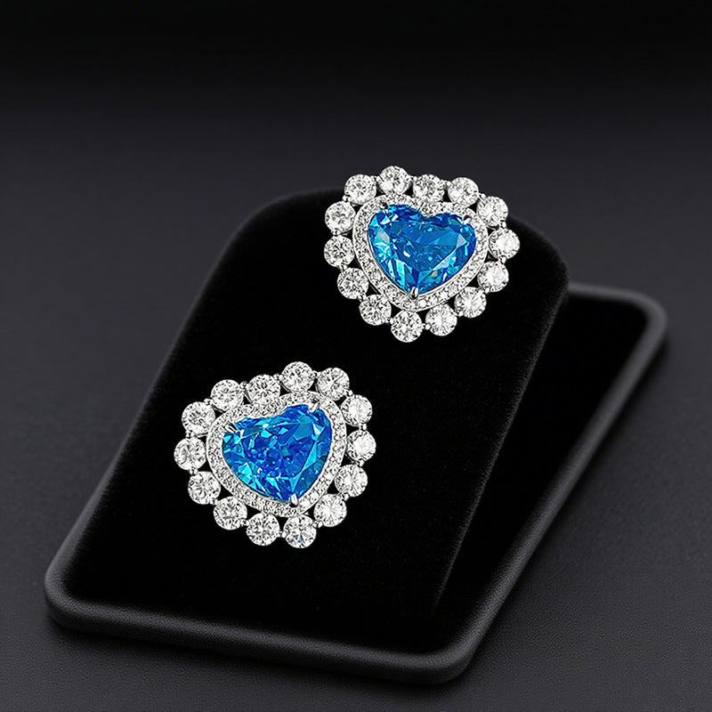 S925 Silver Full Inlaid Heart 9*11 Aquamarine High Carbon Diamond Ice Flower Heart-shaped Earrings