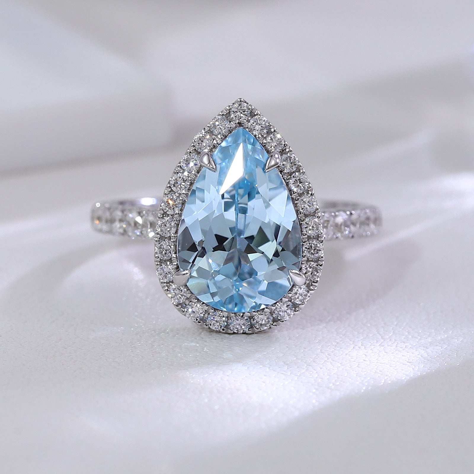 Aquamarine Ring 14K White Gold 3 Carat Drop Shape Cultured Gemstone Ring
