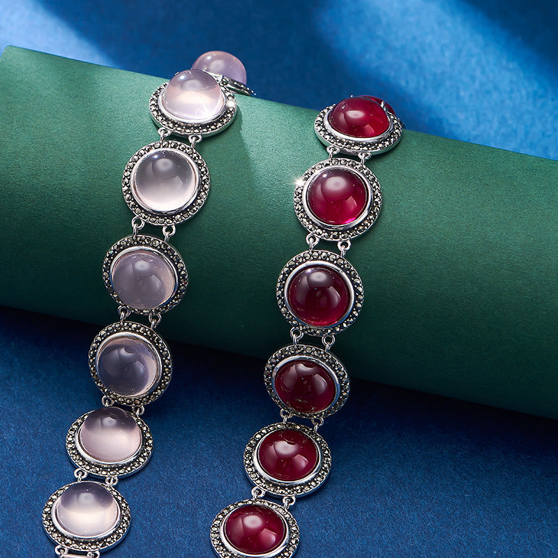 European and American Retro Mosaic Round Red Corundum Bracelet S925 Sterling Silver Inlaid Pink Crystal Cabochon Personalized Bracelet