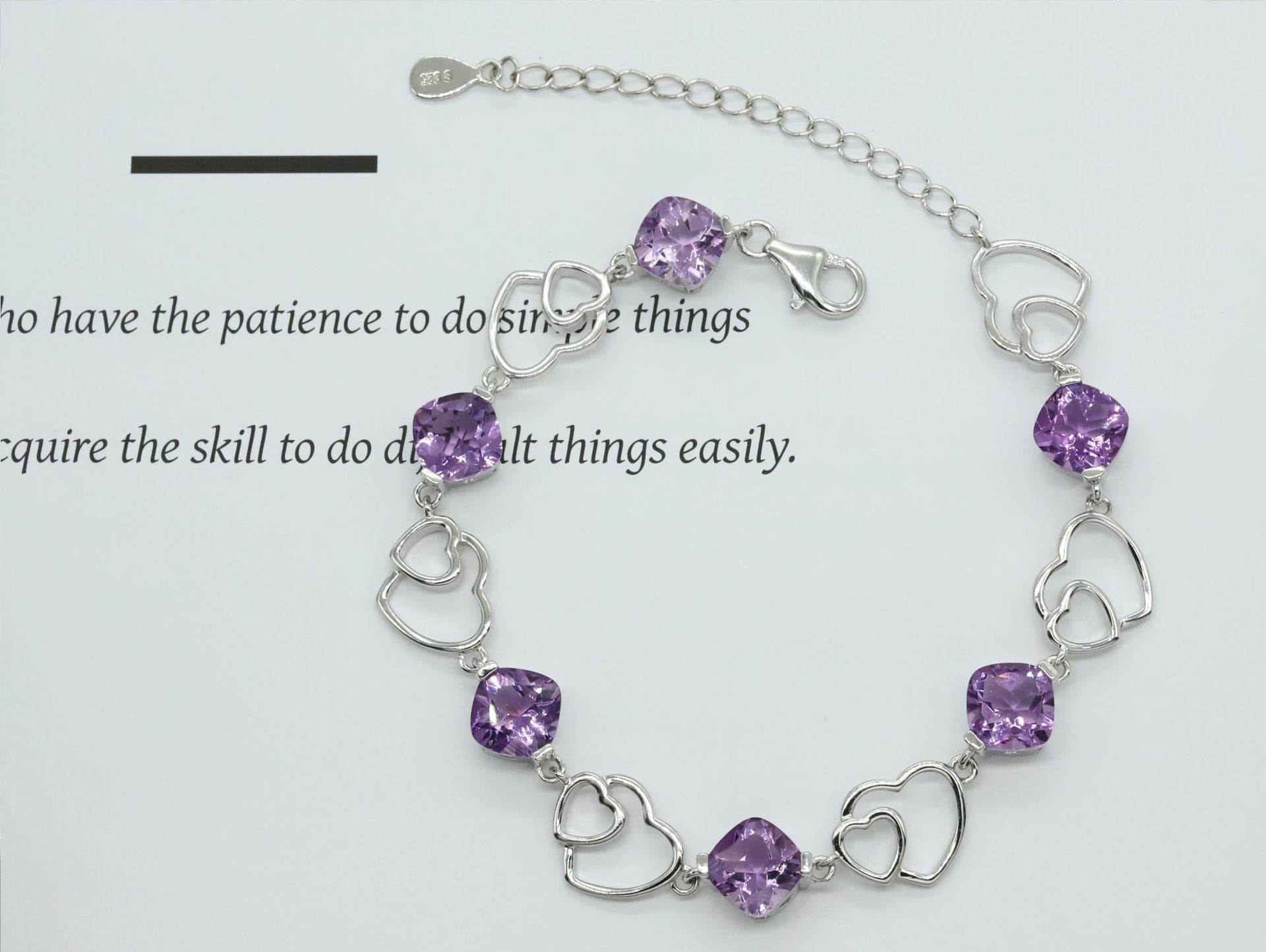 925 Sterling Silver Bracelet Love Double Heart Inlaid Amethyst Women's Bracelet