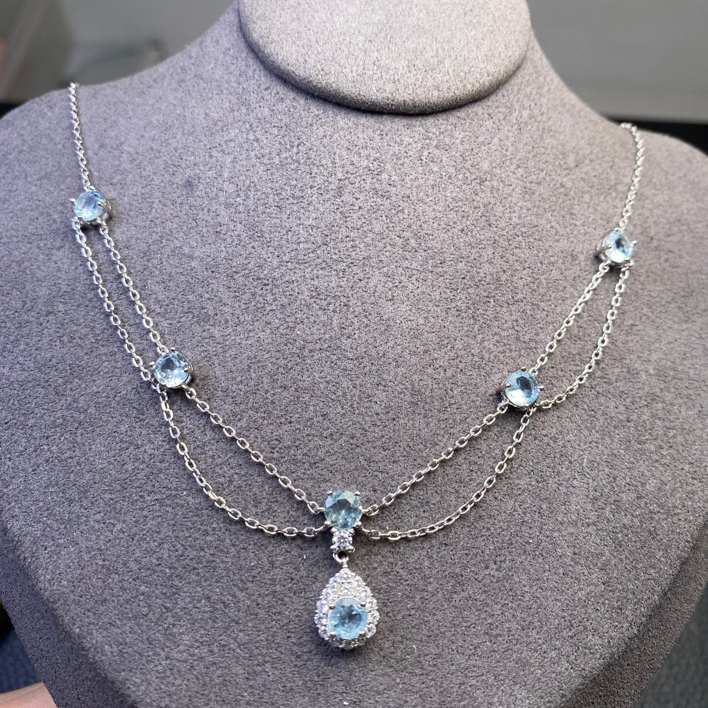 S925 Sterling Silver Aquamarine Tassel Pendant Necklace French Style High-end Light Luxury Vintage Dress Collarbone Chain