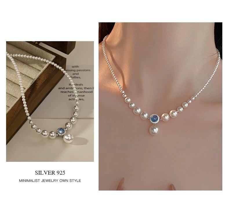 Natural Australian White Jellyfish Shell Pearl Necklace for Women with Aquamarine Gradient Elegant Collarbone Chain