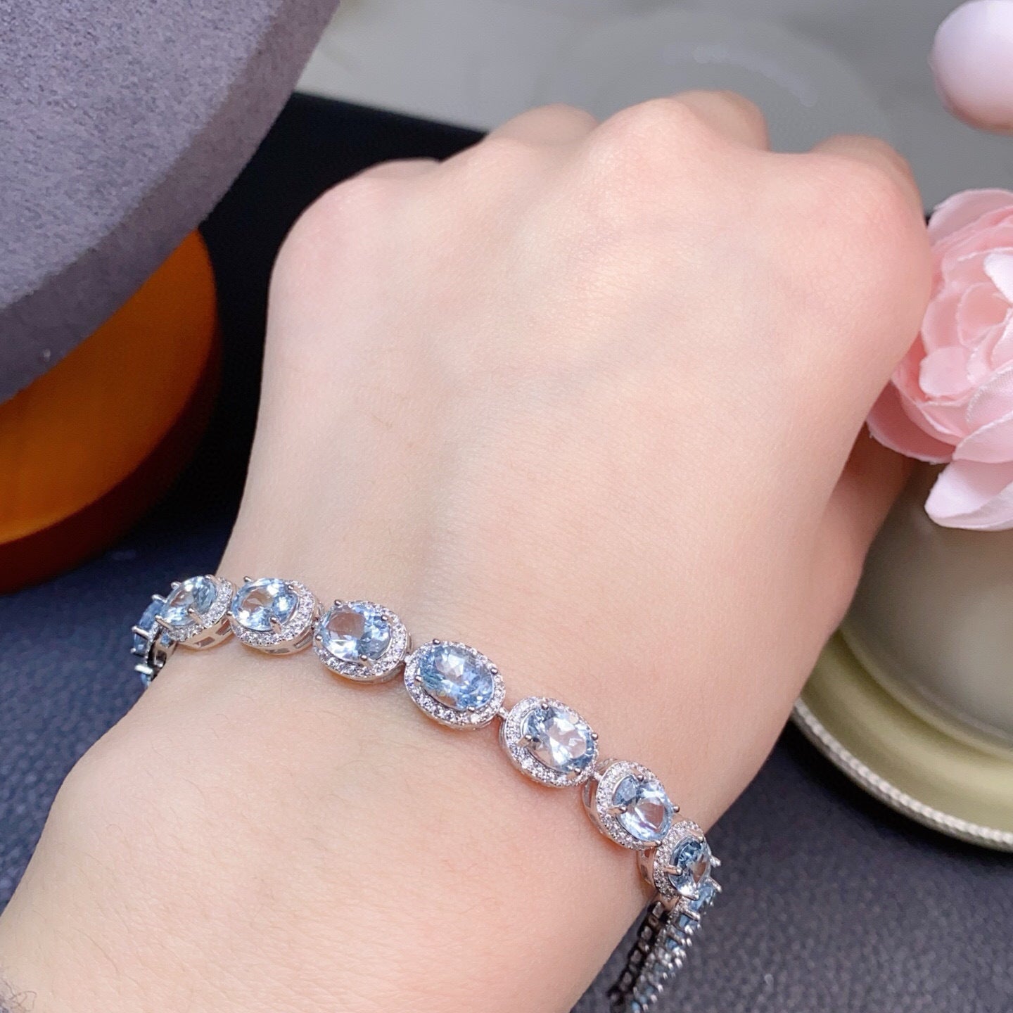 925 Sterling Silver Inlaid Fresh Color Gemstone Main Stone 5x7mm Natural Aquamarine Bracelet