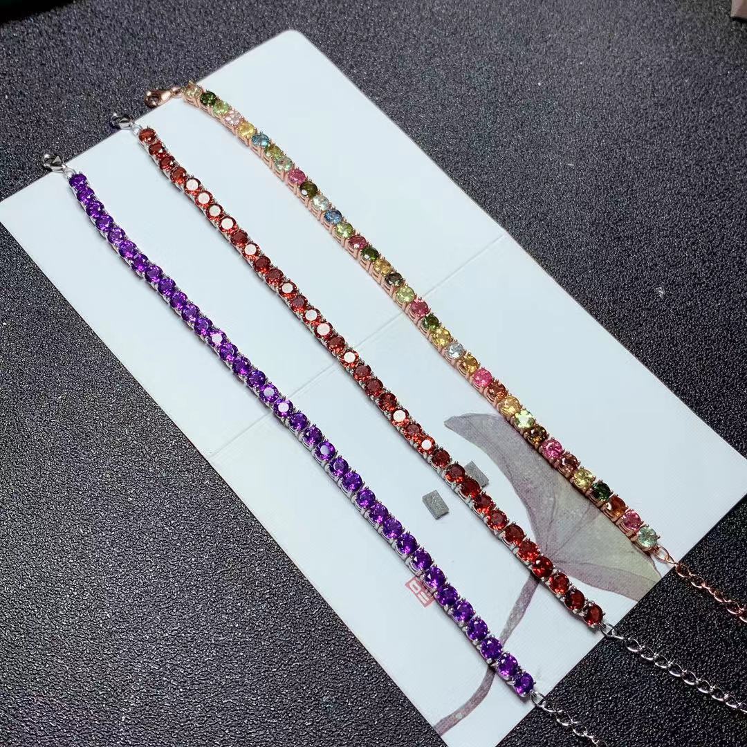 Colorful Gemstone Bracelet Natural Garnet Amethyst Tourmaline 925 Silver Single Circle Bracelet