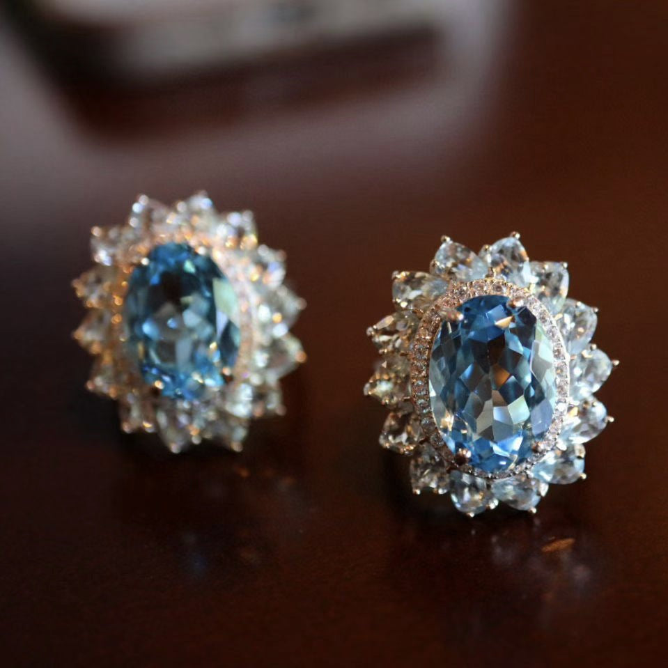 S925 Sterling Silver Full Craft Inlaid with Aquamarine Natural Topaz Ring