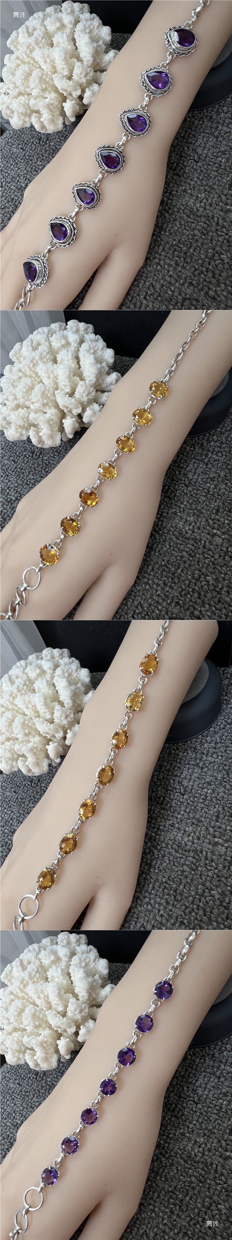 Nepal Handmade 925 Inlaid Yellow Crystal Ruby Amethyst Opal Stone Vintage Bracelet