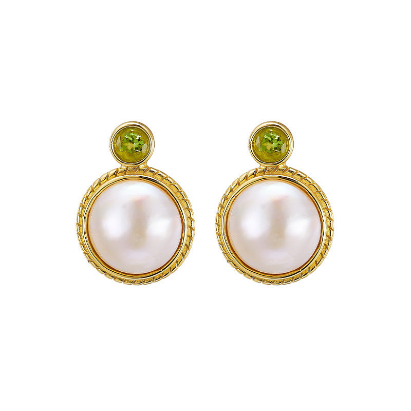 S925 Silver Gold-Plated Round Cabochon Mabe Pearl Stud Earrings French Vintage Peridot Earrings