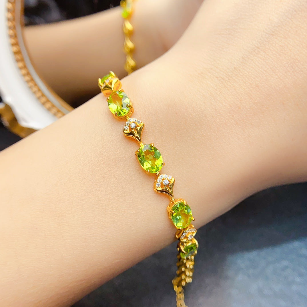 S925 Silver Inlaid Main Stone 6*8mm Natural Peridot Bracelet