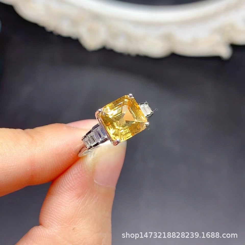 S925 Sterling Silver Jewelry Simple and Elegant Natural Yellow Crystal Princess Cut Ring