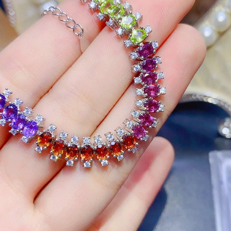 Natural Olivine Garnet Diopside Citrine Amethyst Topaz 925 Silver Multi-Gem Bracelet