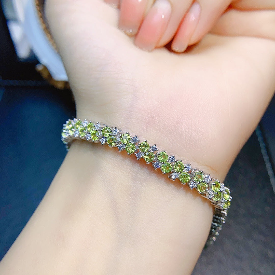 S925 Silver Inlaid Main Stone 3*3 Natural Peridot Bracelet