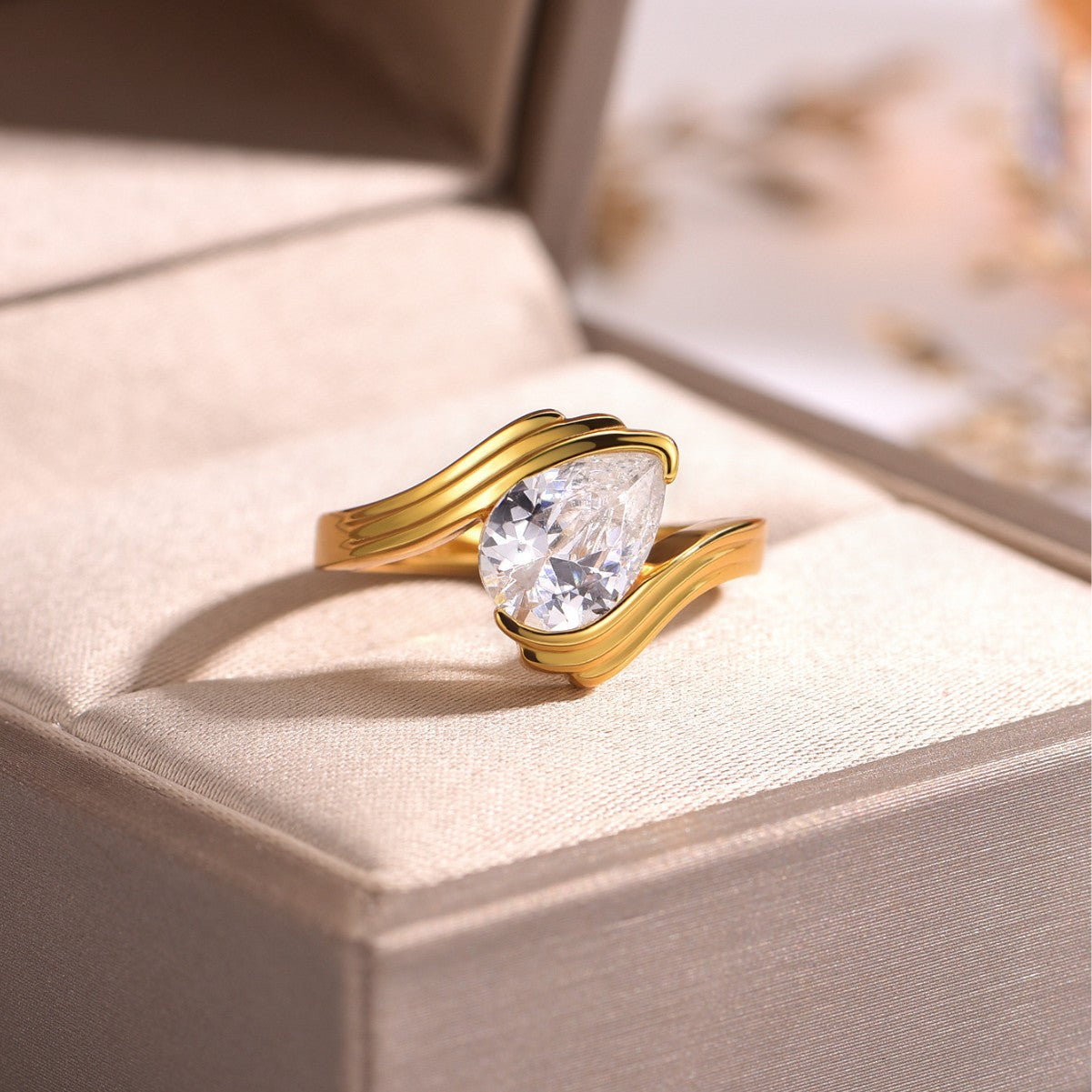 S925 Silver Gold Moissanite Ring Water Drop Main Stone Wave Curve Design Sense Women's Hot-Selling Bestseller