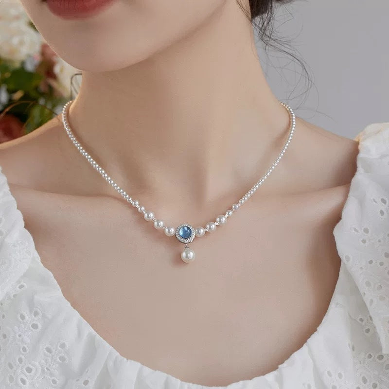 Natural Australian White Jellyfish Shell Pearl Necklace for Women with Aquamarine Gradient Elegant Collarbone Chain