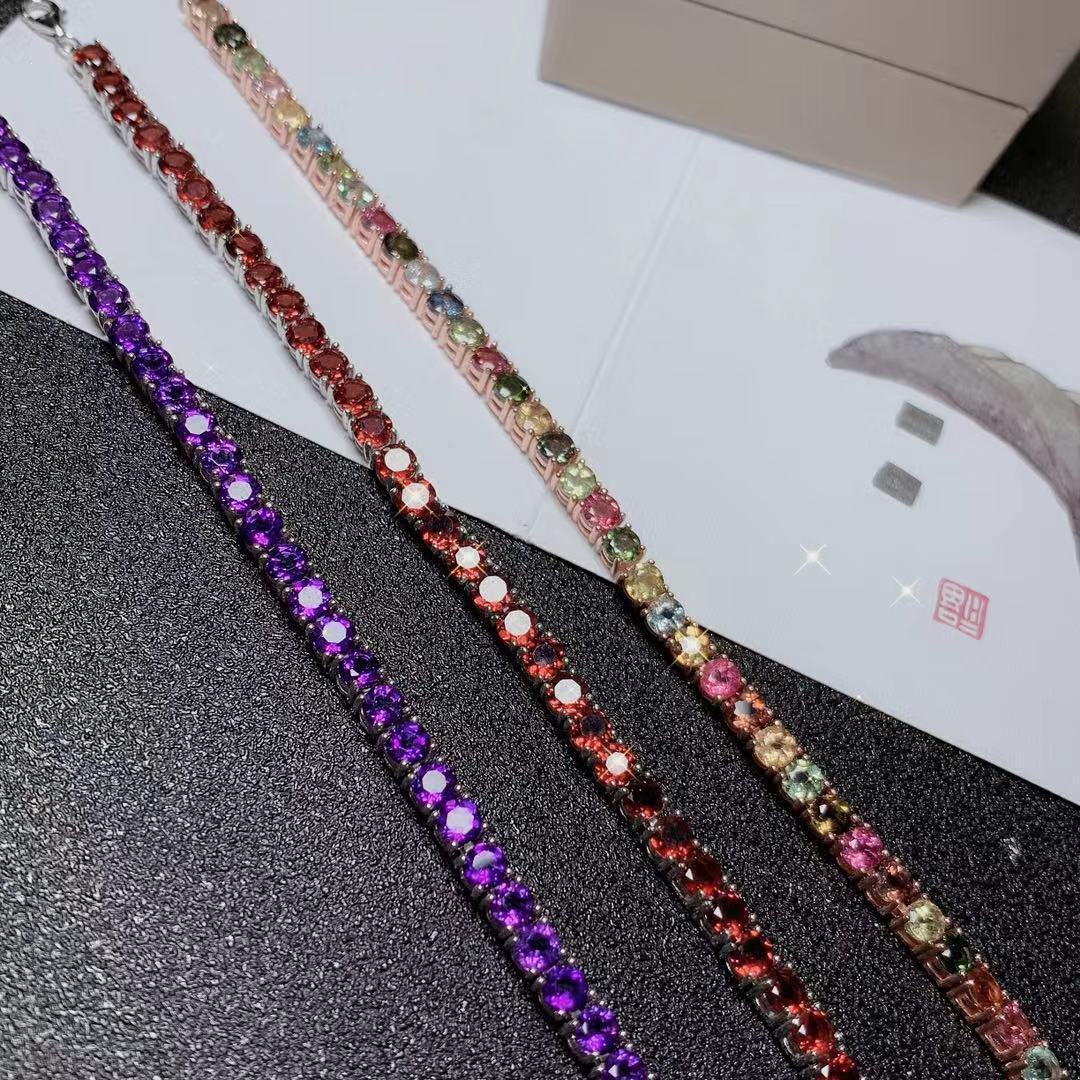 Colorful Gemstone Bracelet Natural Garnet Amethyst Tourmaline 925 Silver Single Circle Bracelet