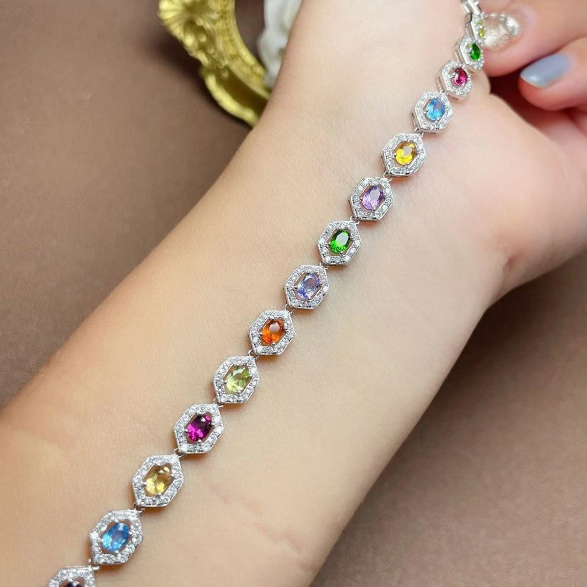 S925 Silver Inlaid Natural Crystal Topaz Garnet Women's Oval 3*4mm Bracelet