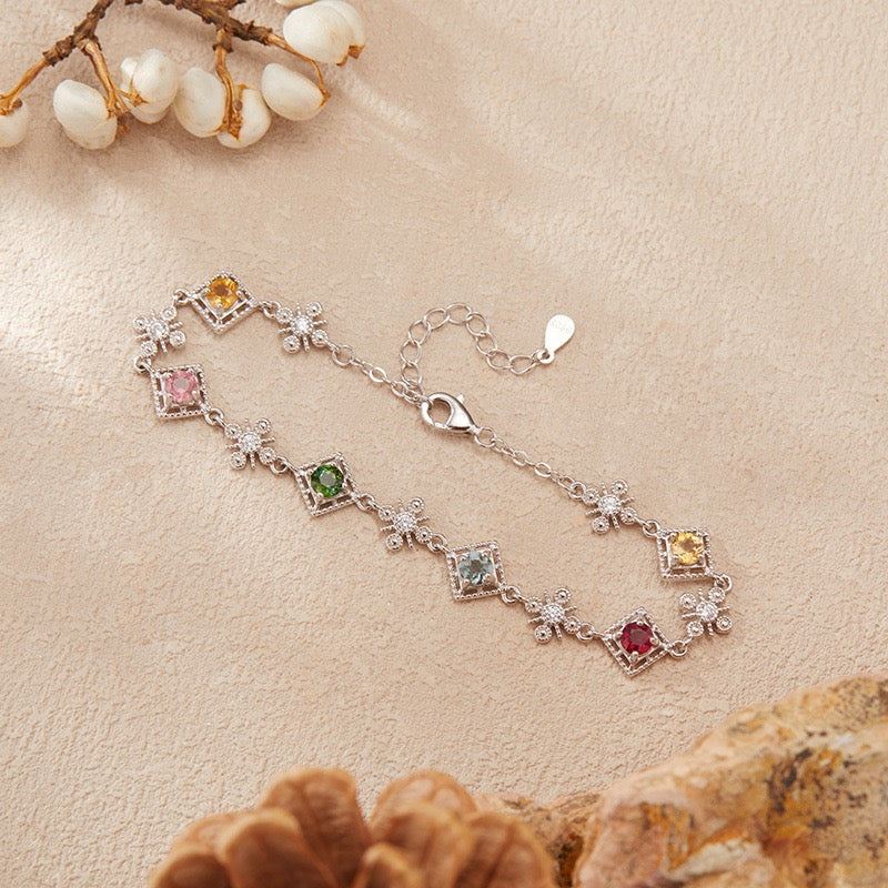 Natural Tourmaline S925 Sterling Silver Colorful Square Elegant Versatile Bracelet