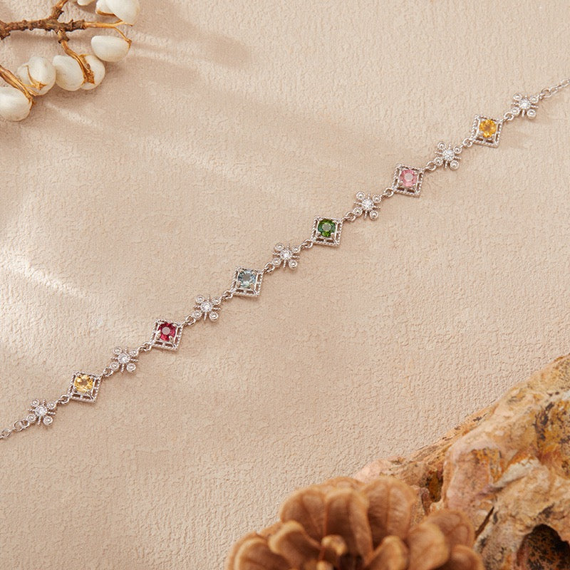 Natural Tourmaline S925 Sterling Silver Colorful Square Elegant Versatile Bracelet