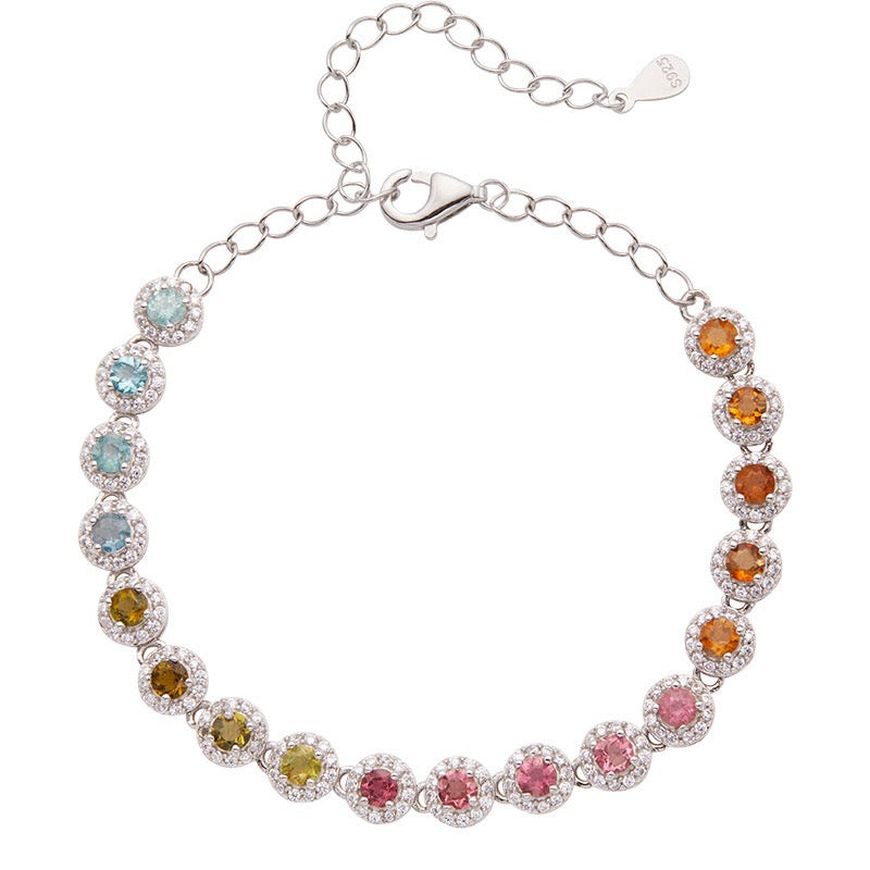 Natural Tourmaline S925 Sterling Silver Colorful Rainbow Round Rock Candy Versatile Bracelet