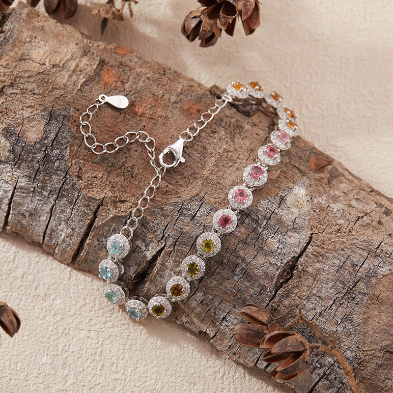 Natural Tourmaline S925 Sterling Silver Colorful Rainbow Round Rock Candy Versatile Bracelet
