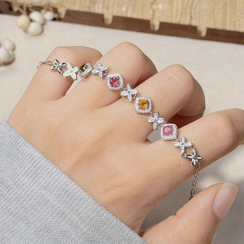 Natural Tourmaline S925 Sterling Silver Colorful Square - Blossom Gem Chain Versatile Bracelet
