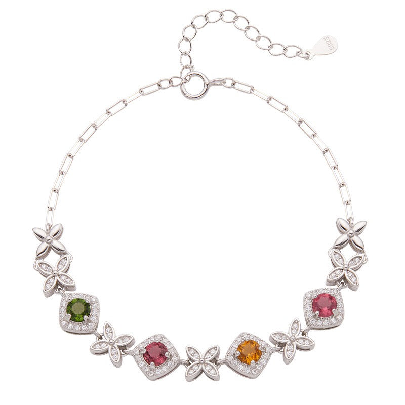 Natural Tourmaline S925 Sterling Silver Colorful Square - Blossom Gem Chain Versatile Bracelet