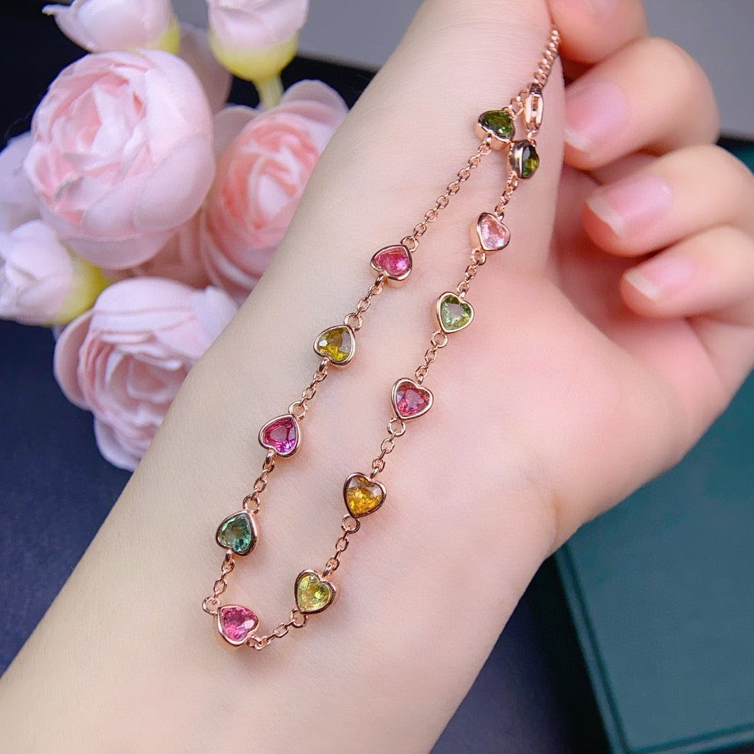Natural Tourmaline S925 Sterling SilverRose Gold Heart - Shaped Colorful Watermelon Tourmaline Elegant and Exquisite Thin Chain