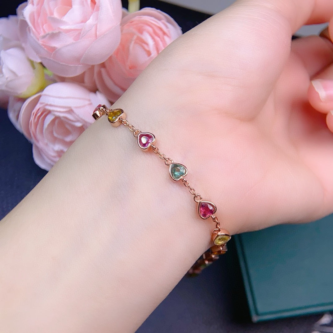 Natural Tourmaline S925 Sterling SilverRose Gold Heart - Shaped Colorful Watermelon Tourmaline Elegant and Exquisite Thin Chain