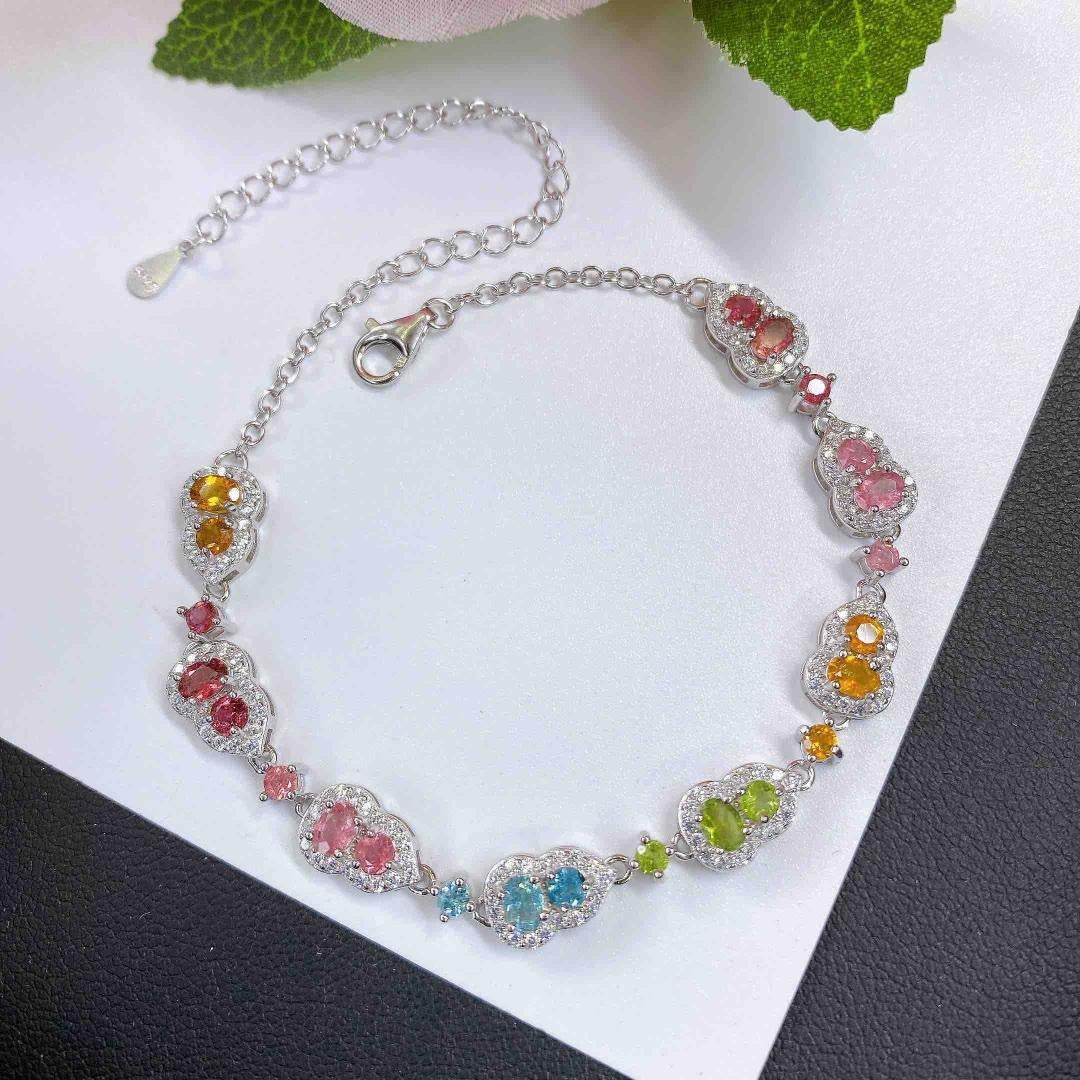 Natural Tourmaline S925 Sterling Silver Lucky Gourd - shaped Colorful Dopamine Tourmaline Bracelet