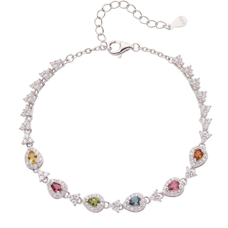 Natural Tourmaline S925 Sterling Silver TeardropGems Bracelet Colorful Watermelon Tourmaline Elegant Bracelet