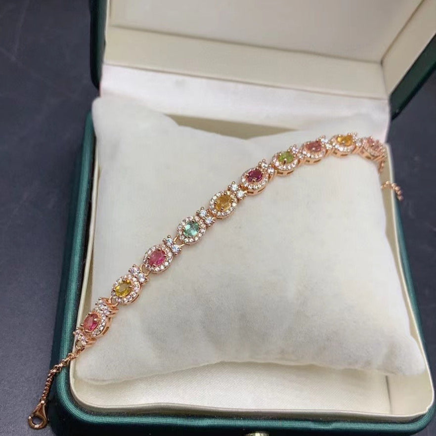 Natural Tourmaline S925 Sterling Silver FloralLeaf Sparkle Bracelet Colorful Watermelon Tourmaline Elegant Bracelet