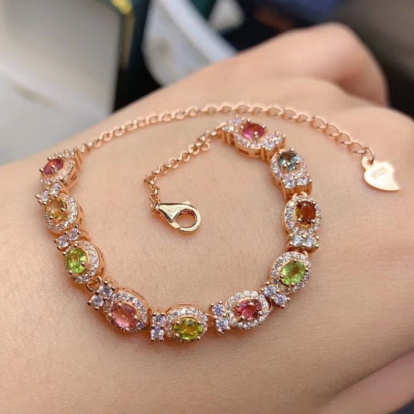 Natural Tourmaline S925 Sterling Silver FloralLeaf Sparkle Bracelet Colorful Watermelon Tourmaline Elegant Bracelet
