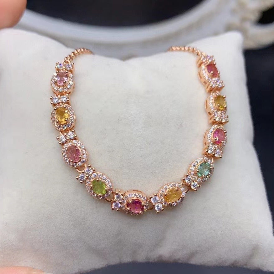 Natural Tourmaline S925 Sterling Silver FloralLeaf Sparkle Bracelet Colorful Watermelon Tourmaline Elegant Bracelet