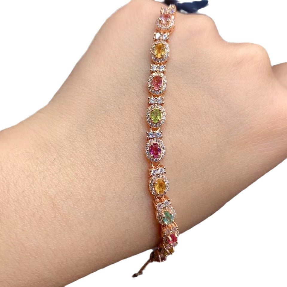 Natural Tourmaline S925 Sterling Silver FloralLeaf Sparkle Bracelet Colorful Watermelon Tourmaline Elegant Bracelet
