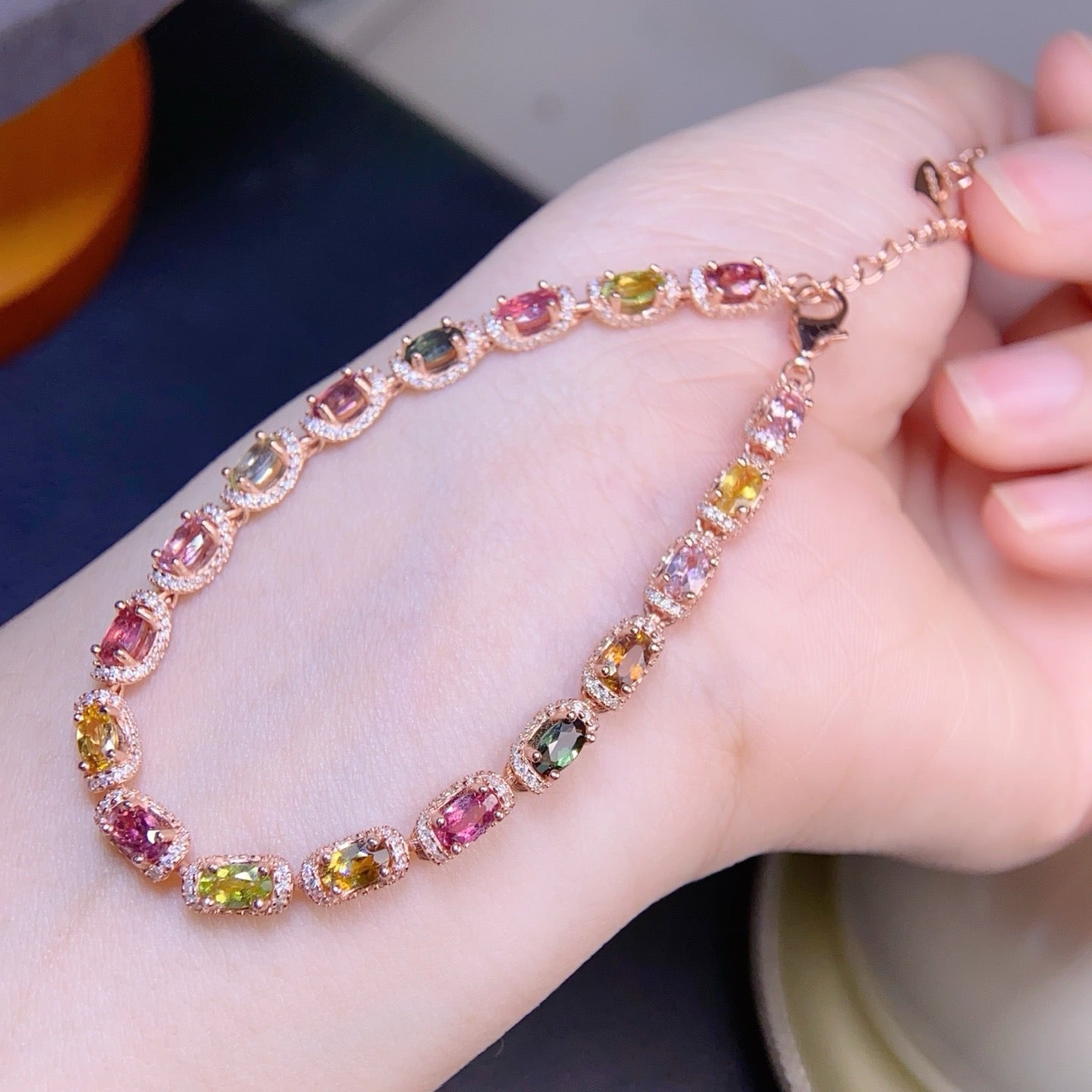 Natural Tourmaline S925 Sterling Silver FloralLeaf Sparkle Bracelet Colorful Watermelon Tourmaline Elegant Bracelet