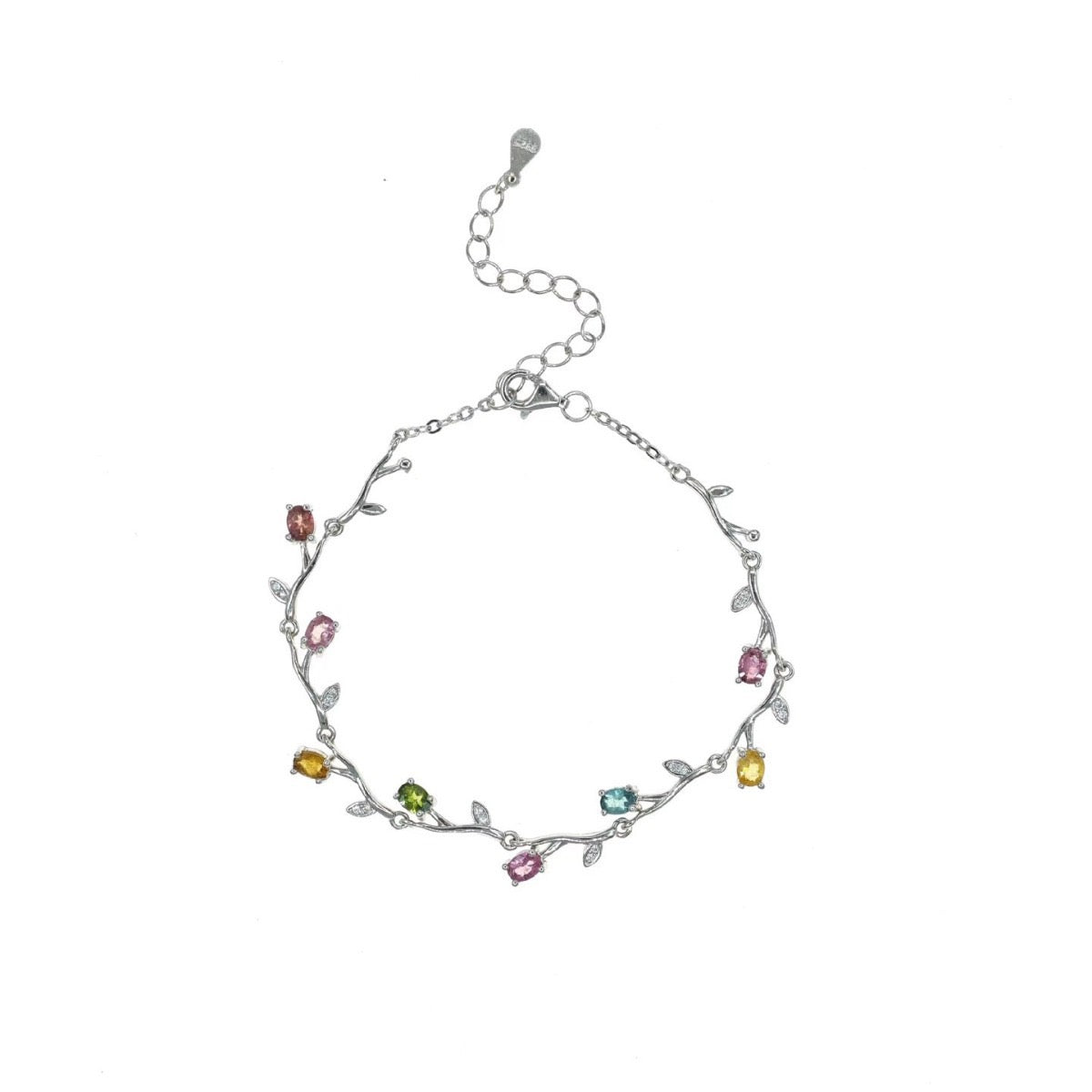 Natural Tourmaline S925 Sterling Silver Vine - Shaped Crystal Bracelet Colorful Watermelon Tourmaline Elegant Bracelet