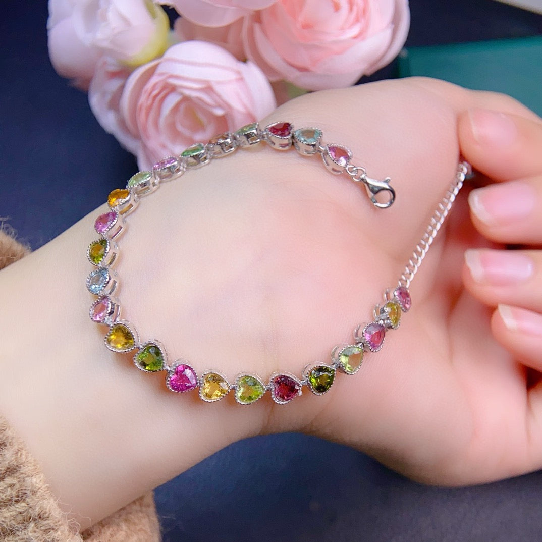 Natural Tourmaline S925 Sterling SilverHeart - Shaped Dopamine Tourmaline Bracelet with Lobster Clasp