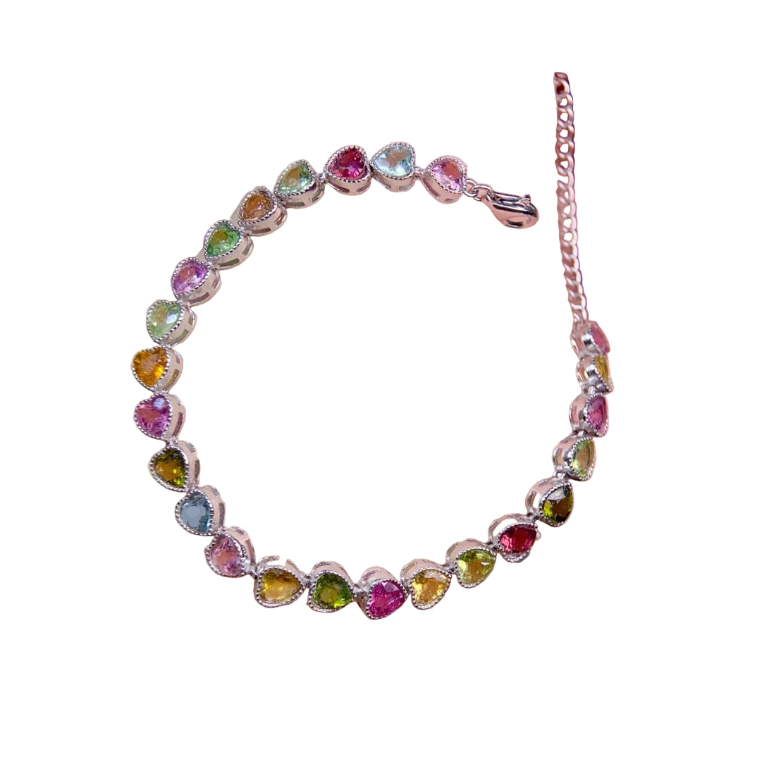 Natural Tourmaline S925 Sterling SilverHeart - Shaped Dopamine Tourmaline Bracelet with Lobster Clasp