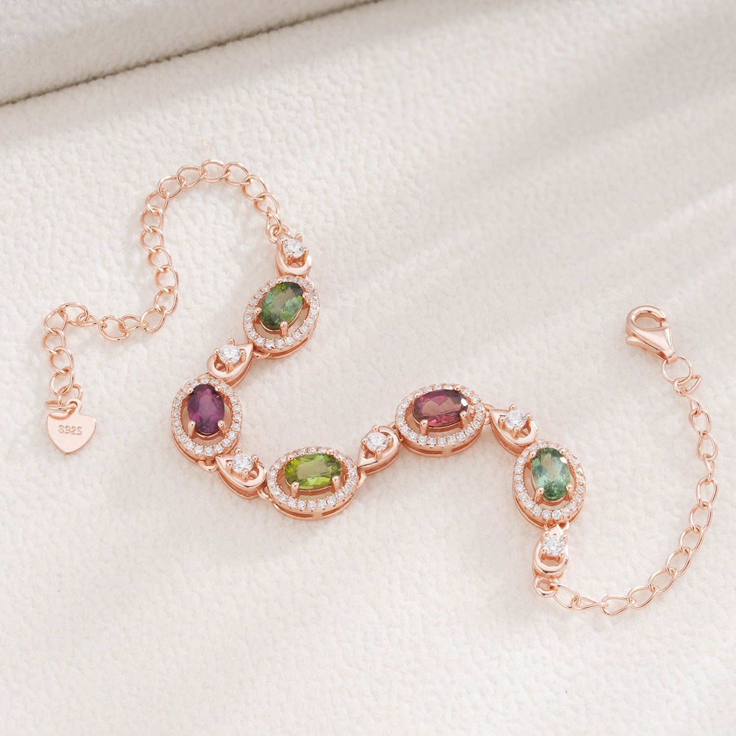 Natural Tourmaline S925 Sterling Rose Gold Forest Red Tourmaline Oval Elegant Bracelet