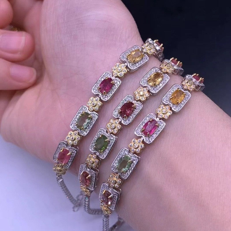 Natural Tourmaline S925 Sterling Daisy Toast Tourmaline Dopamine Good Luck Bracelet