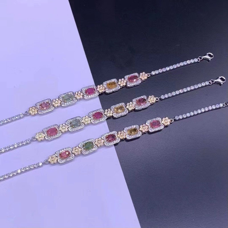 Natural Tourmaline S925 Sterling Daisy Toast Tourmaline Dopamine Good Luck Bracelet