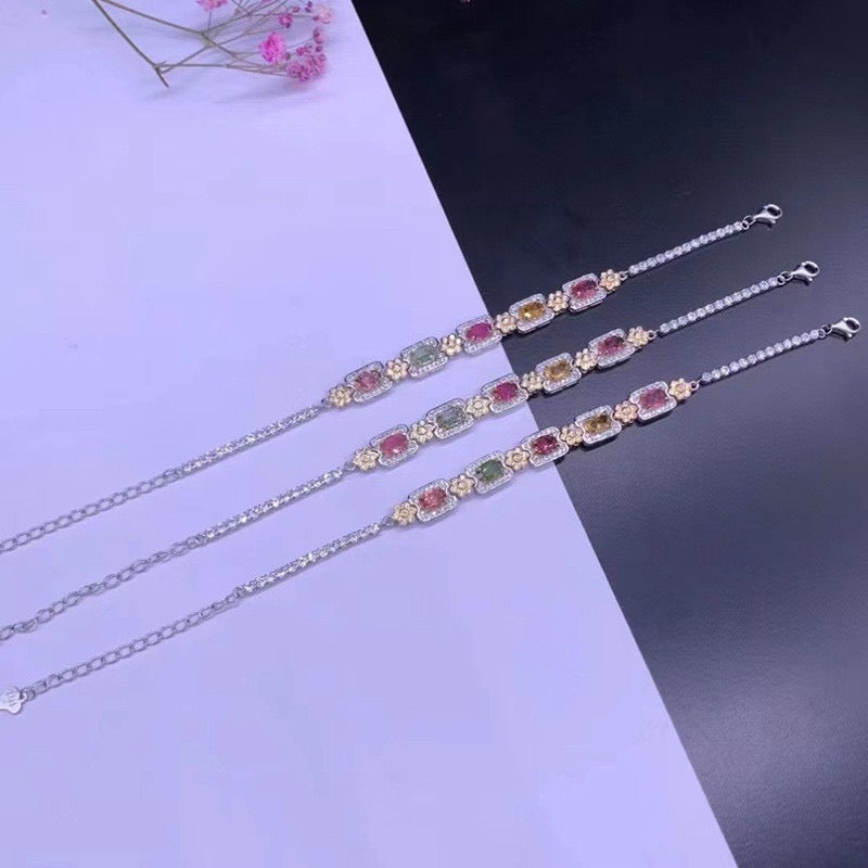 Natural Tourmaline S925 Sterling Daisy Toast Tourmaline Dopamine Good Luck Bracelet